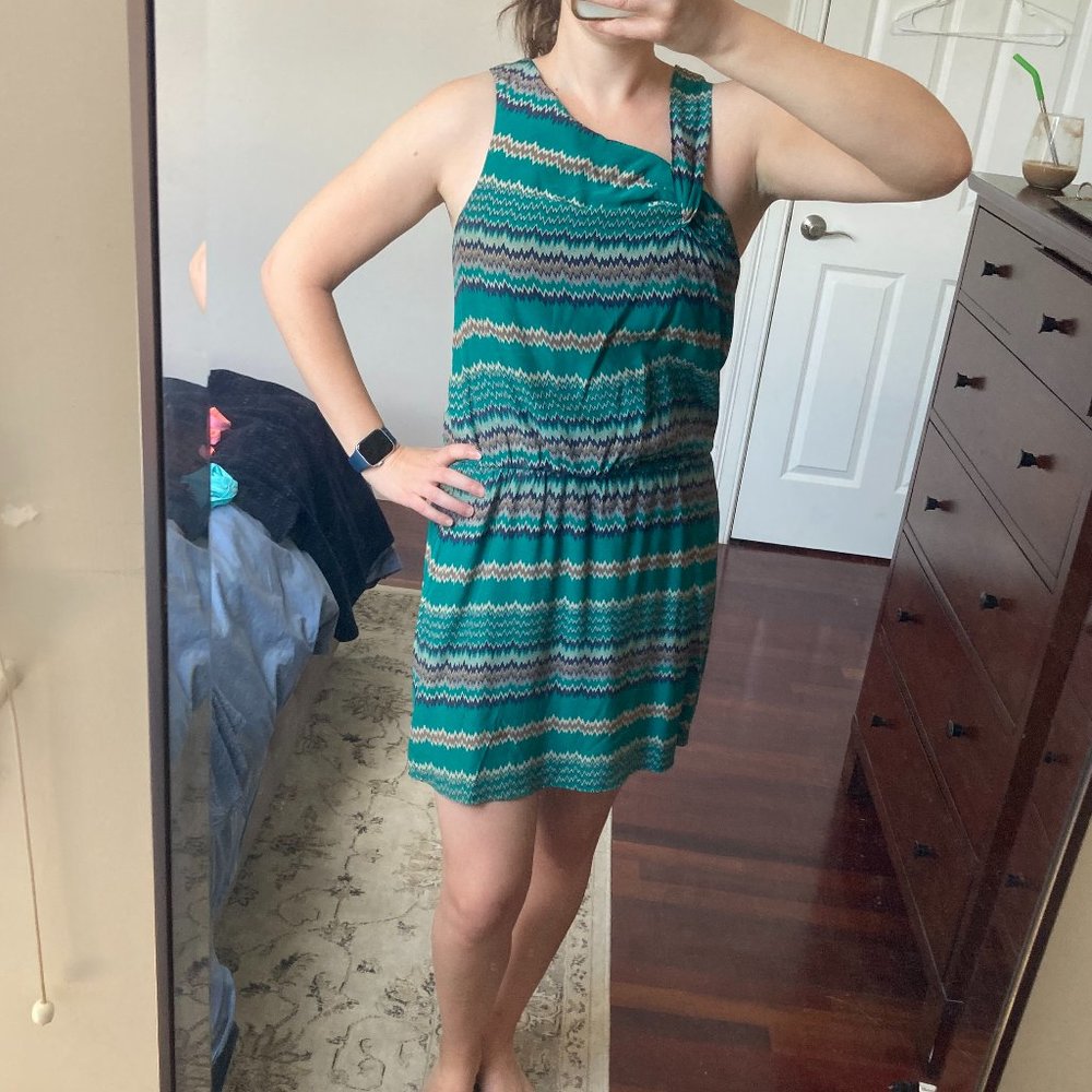 100% Silk asymmetrical Green Patterned Mini-Dress